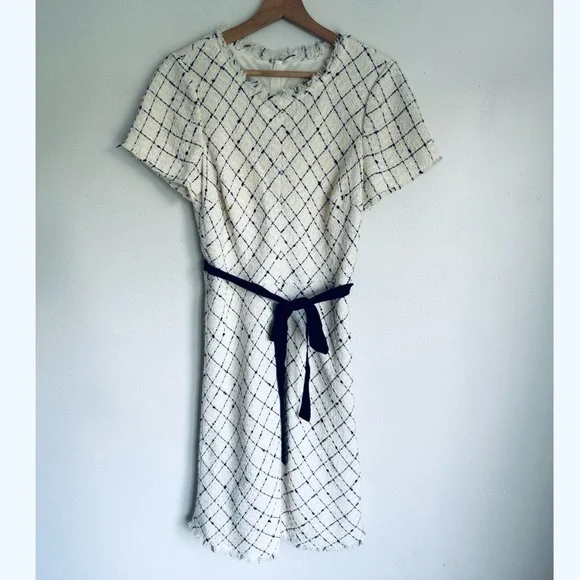 Rebecca Taylor Madison Tweed Check Belted Dress in Cream and Black - Picture 2 of 6